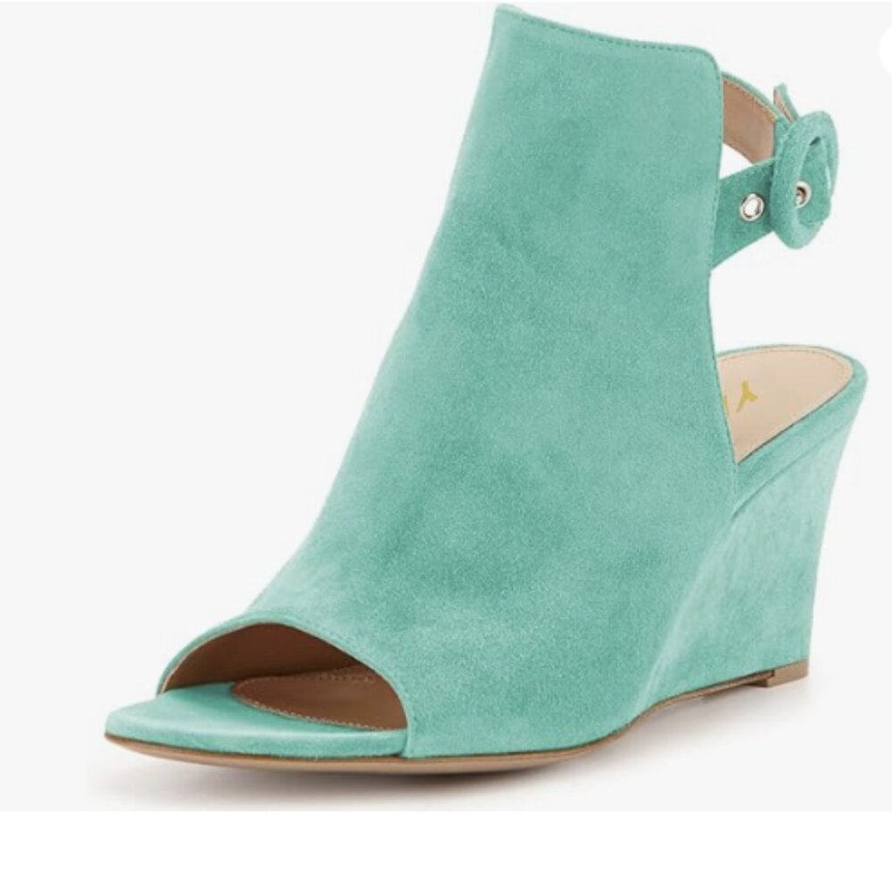 YDN Women Elegant Wedge High Heel Slingback Sandals Open Toe Suede Green